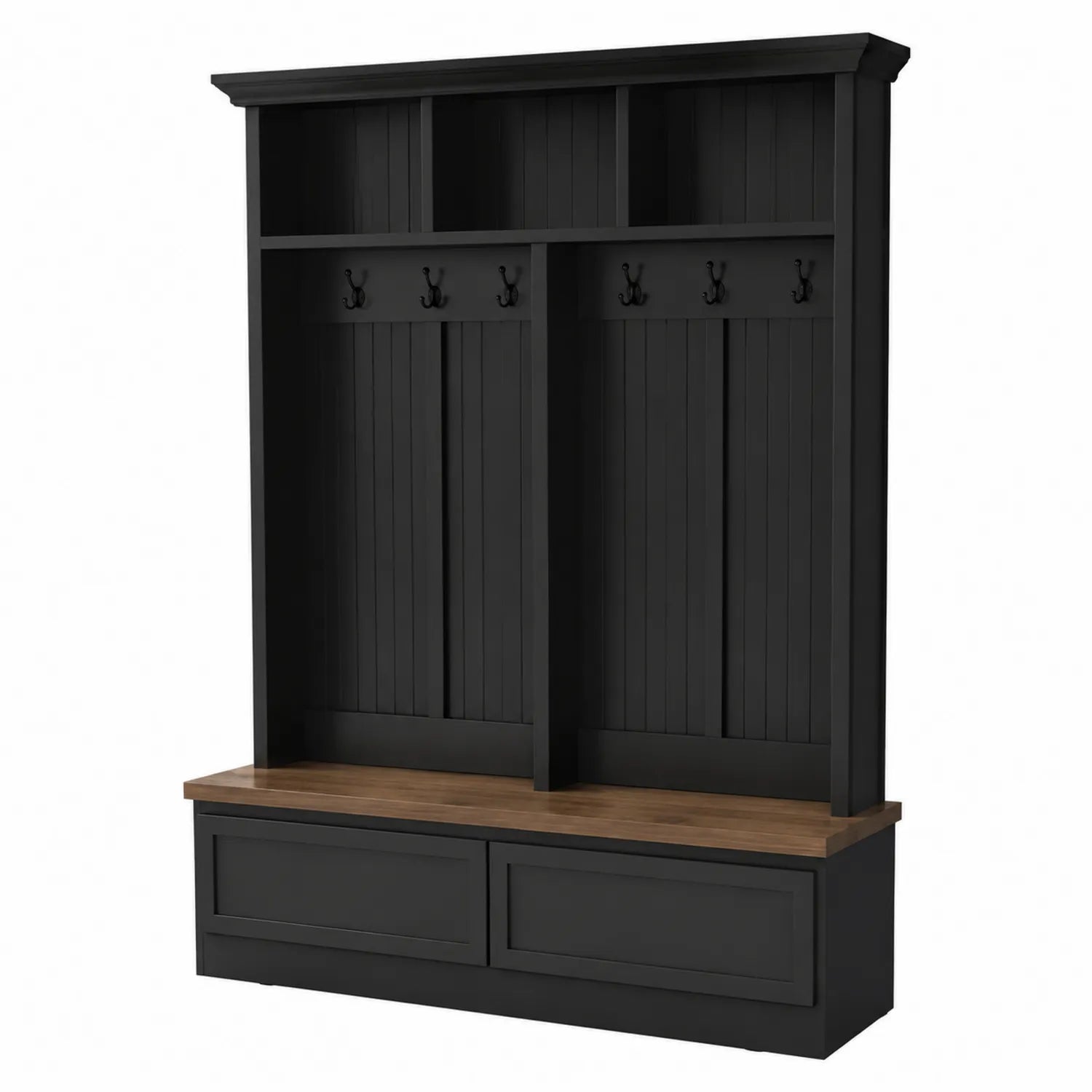 Portemanteau en bois avec banc noir et rangement 200x150x50 cm