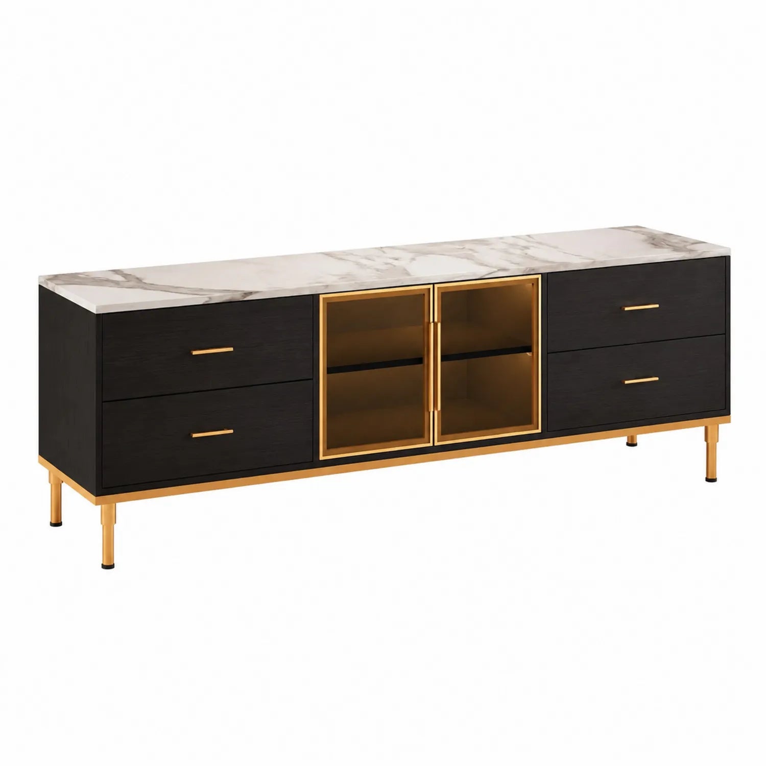 Meuble TV en bois noir avec dessus en marbre et pieds dorés 180 cm