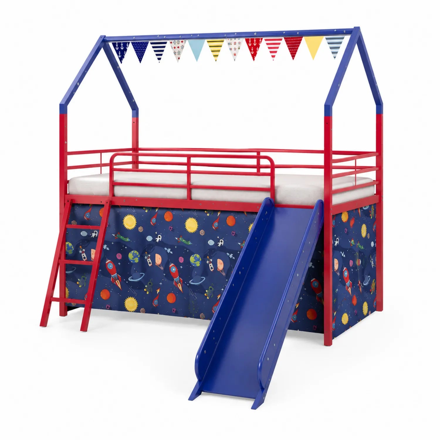 Lit cabane enfant en métal avec toboggan Rouge et Bleu motif espace