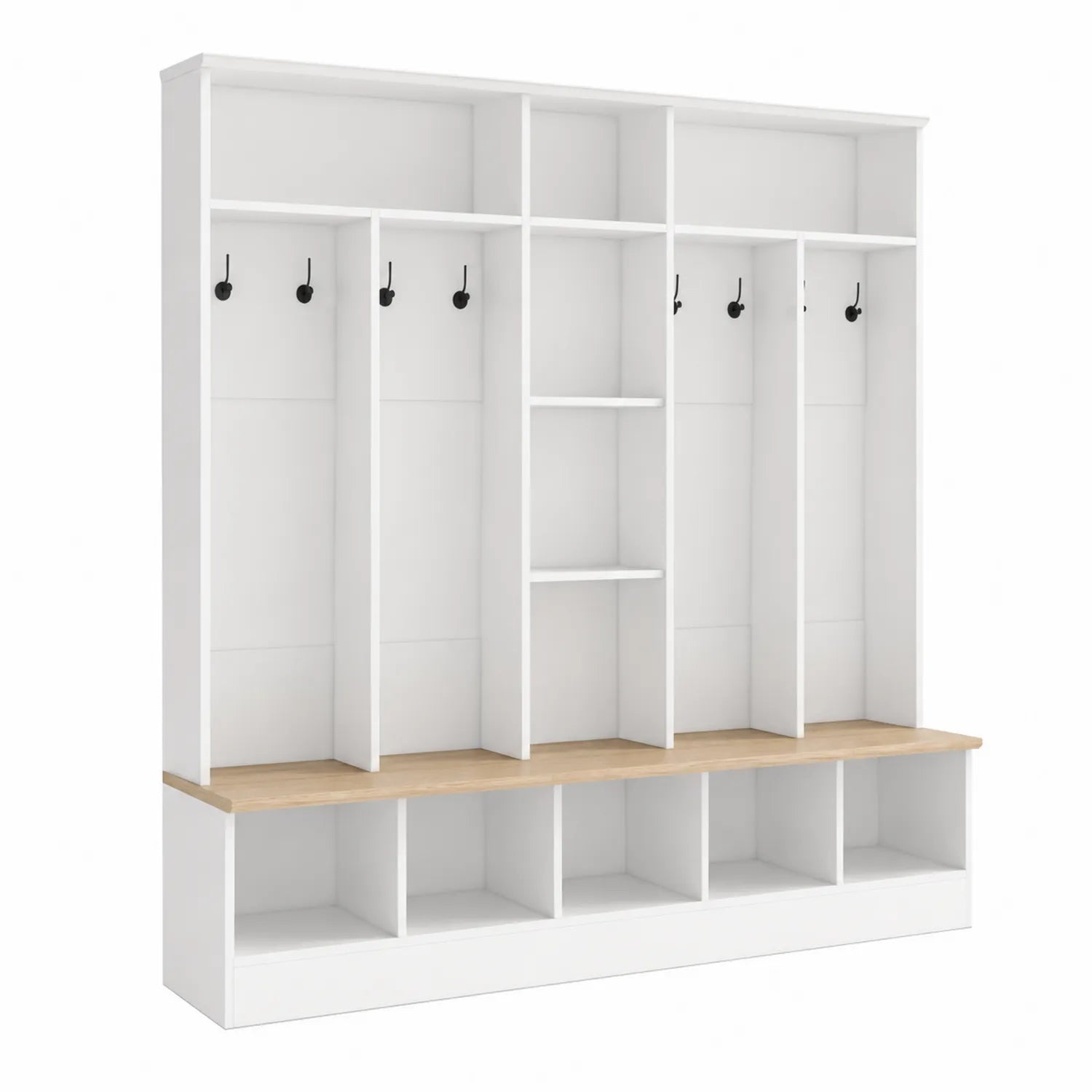 Portemanteau mural en bois avec banc blanc et naturel 200 cm