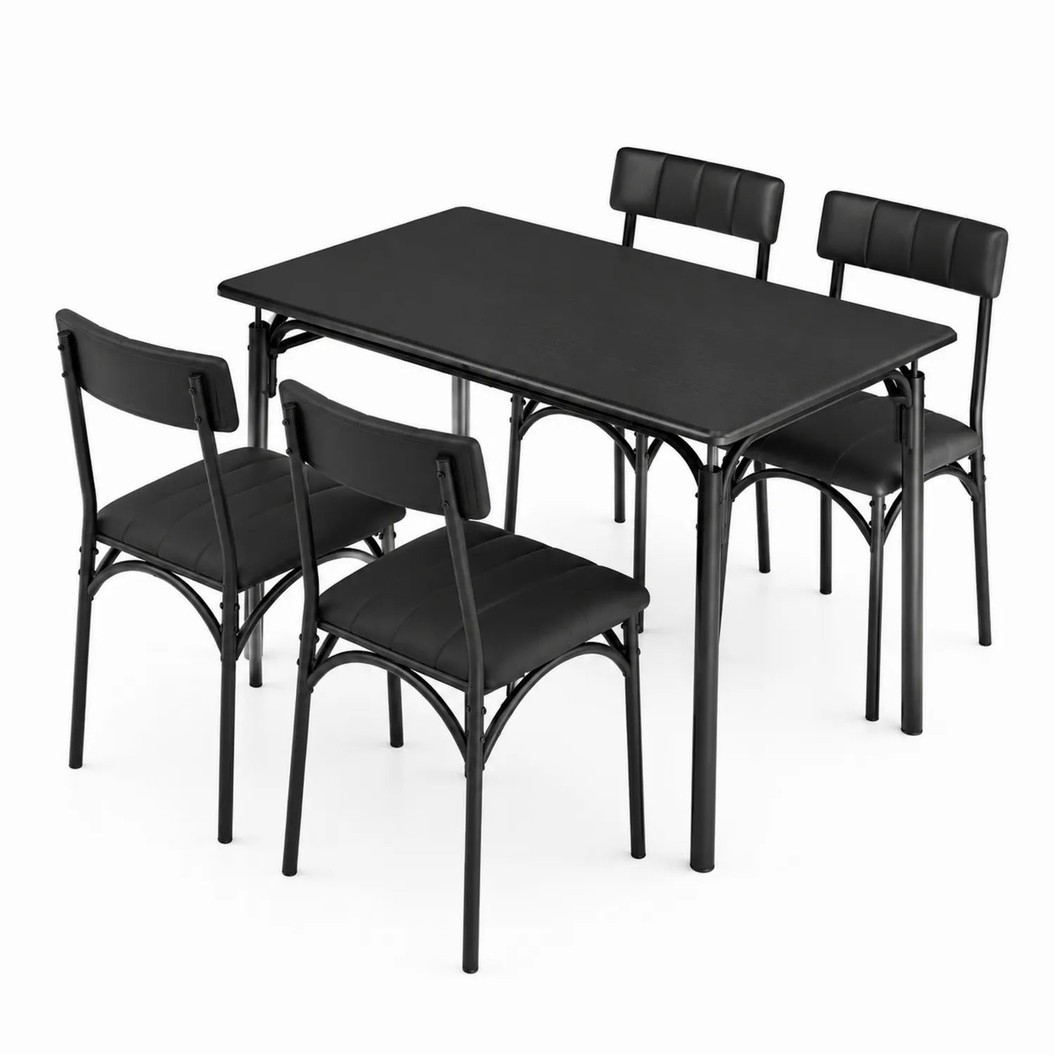 Table à manger noire rectangulaire avec 4 chaises en métal et simili cuir