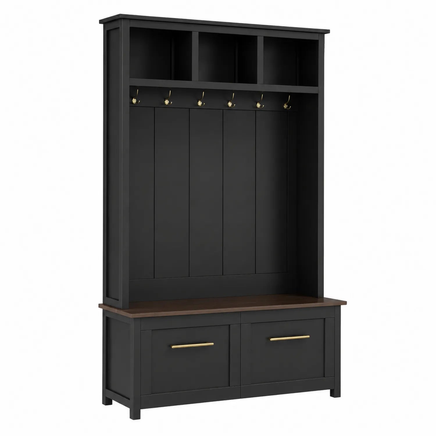 Meuble d'entrée en bois et métal noir avec étagères et tiroirs